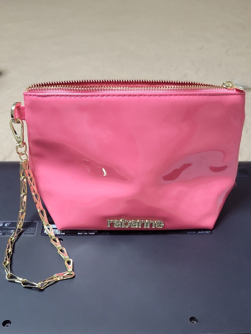Pink Patent Wristlet Clutch with Gold Chain